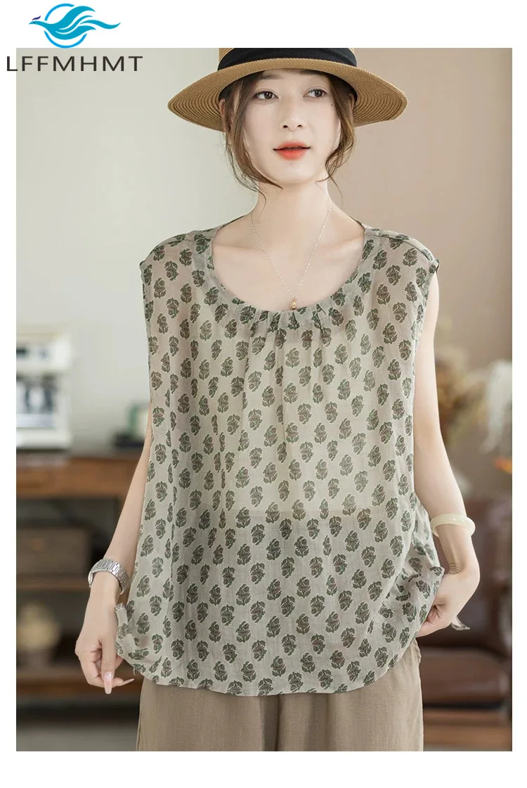Literary Fresh Floral Printed Ramie T-Shirt for Women Summer Vintage Round Neck Sleeveless Loose Slim Casual Vest Tops