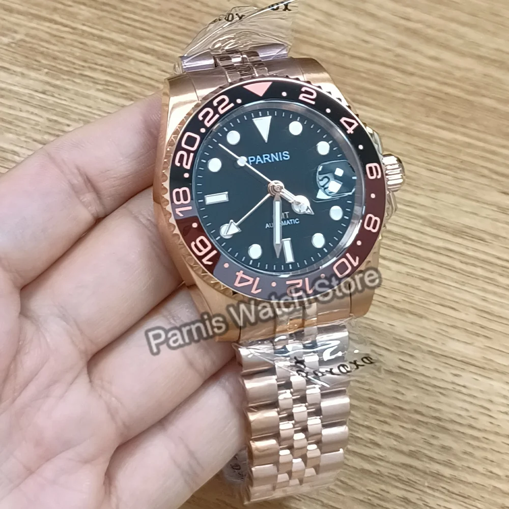 Parnis 40mm Rose Gold Case Automatic Mechanical Men's Watches GMT Sapphire Crystal Luminous Marks Waterproof Watch For Men