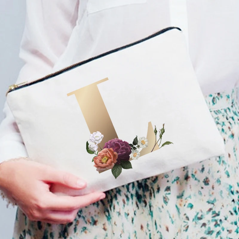 Bridesmaid Makeup Bag Letter Flower Print Ladies Clutch Gifts Cosmetic Bags Bridal Party Make Up Bags Toiletries Organizer Pouch