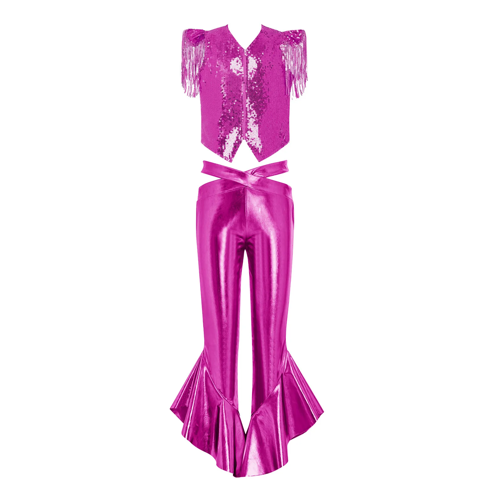 Kids Girls Jazz Hip Hop Dance Performance Outfit Metallic Sequin Tassel Vest with Shiny Flared Pants for Disco Party Stage Show