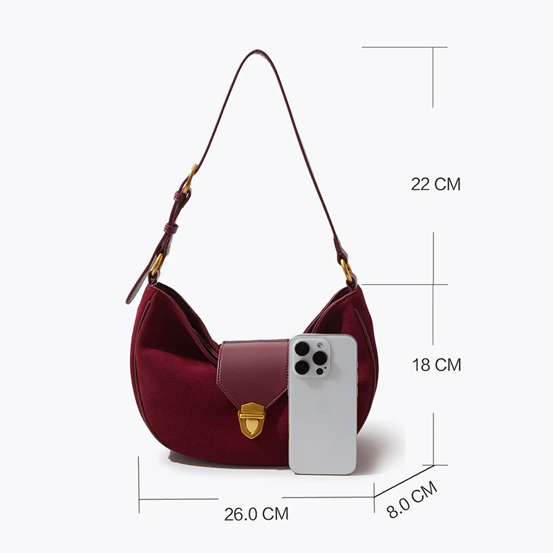 Donna-in Real Suede Hnadbag Genuine Cow Leather Winter Fashion Shoulder Hobos Bag Wine Red Eleghant