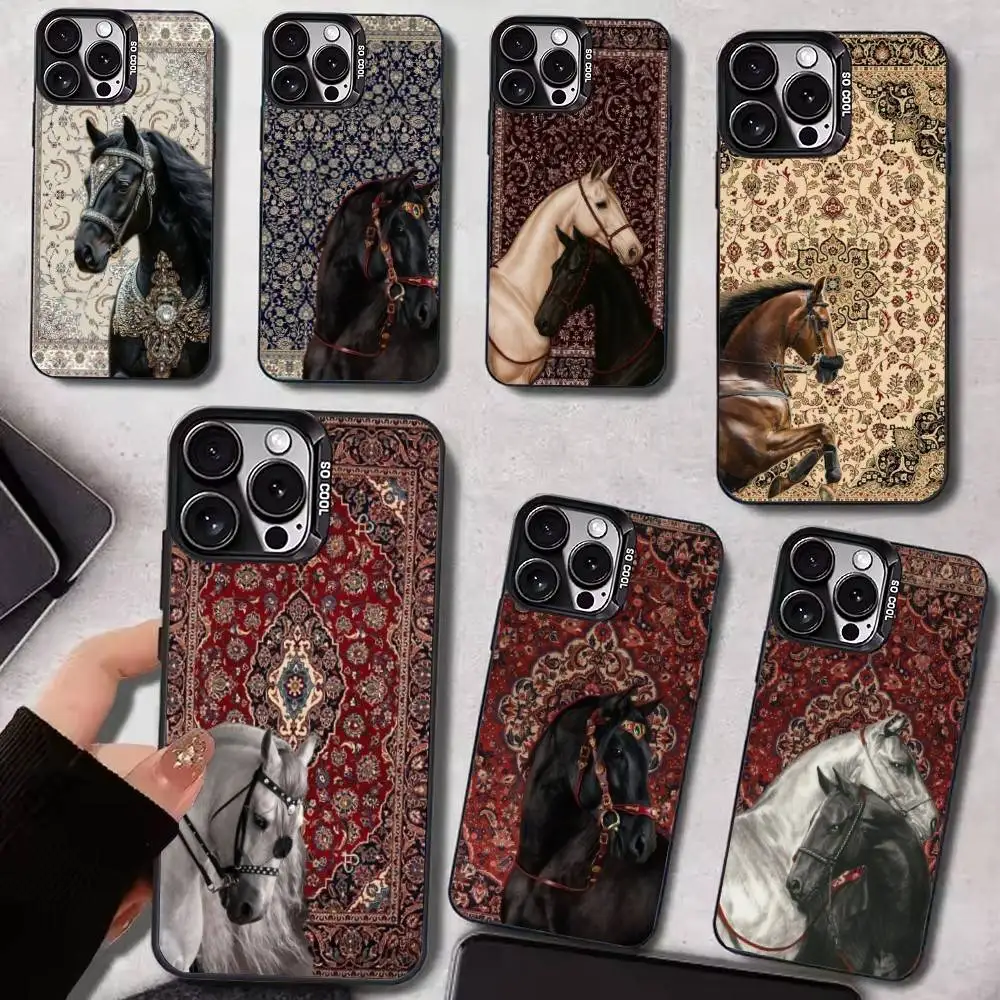 

Persian Pattern Horse Noble Phone Case For iPhone17,16,15,14,13,12,11 Plus,Pro Max Black Candy Matte Shockproof Cover