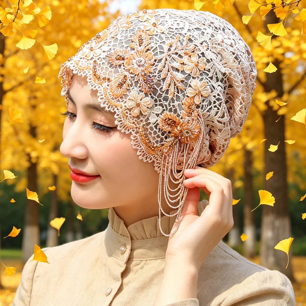 

Ethnic Embroidery Cap Bonnet Lace Beanies Beads Long Tassel Headscarf Hijab Muslim Women Wedding Party Head Wrap Turbante Mujer