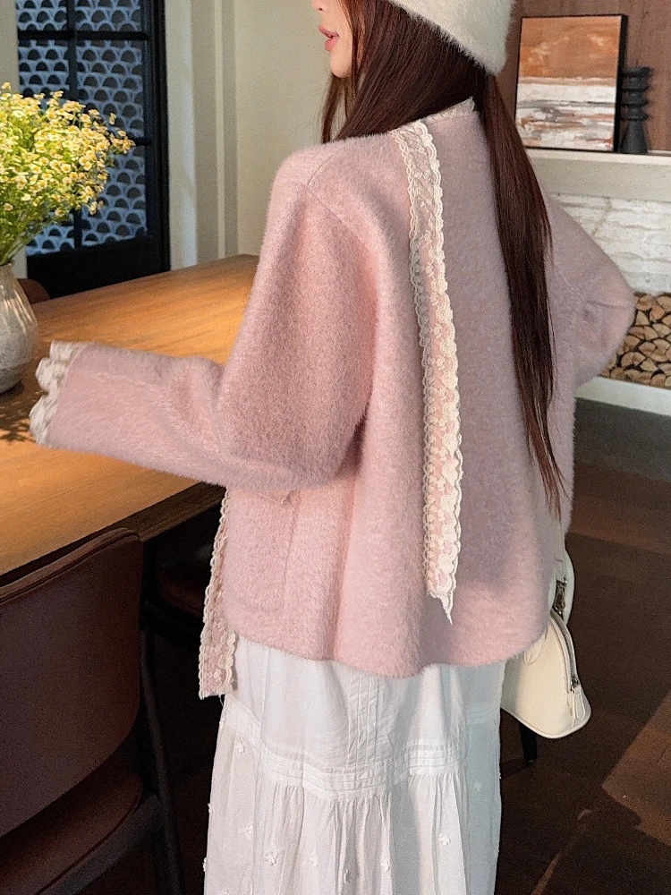 الحلو الوردي سترة سترة المرأة الخريف فضفاضة تناسب طويلة الأكمام الدانتيل تقليم زر حتى معطف أنيق لينة عادية ريترو شيك الزي