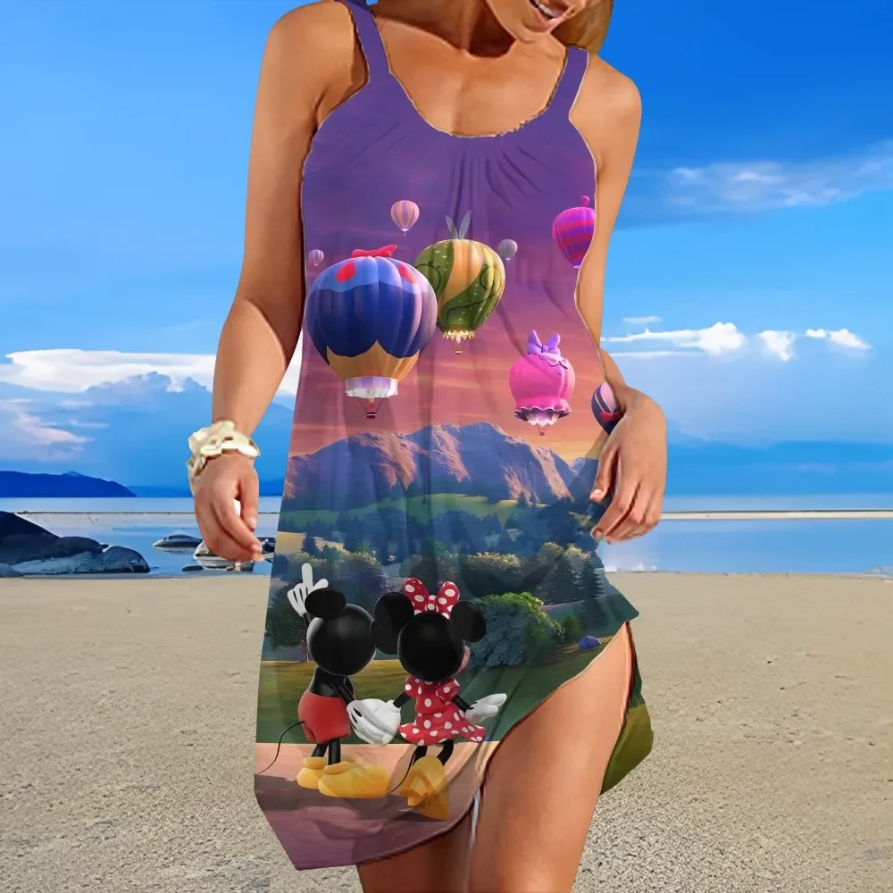 

Disney Sexy Lightweight Knee-length Skirt Fashion Low Collar Design Women's Suspender Beach Dress Cartoon Minnie Pattern Printed