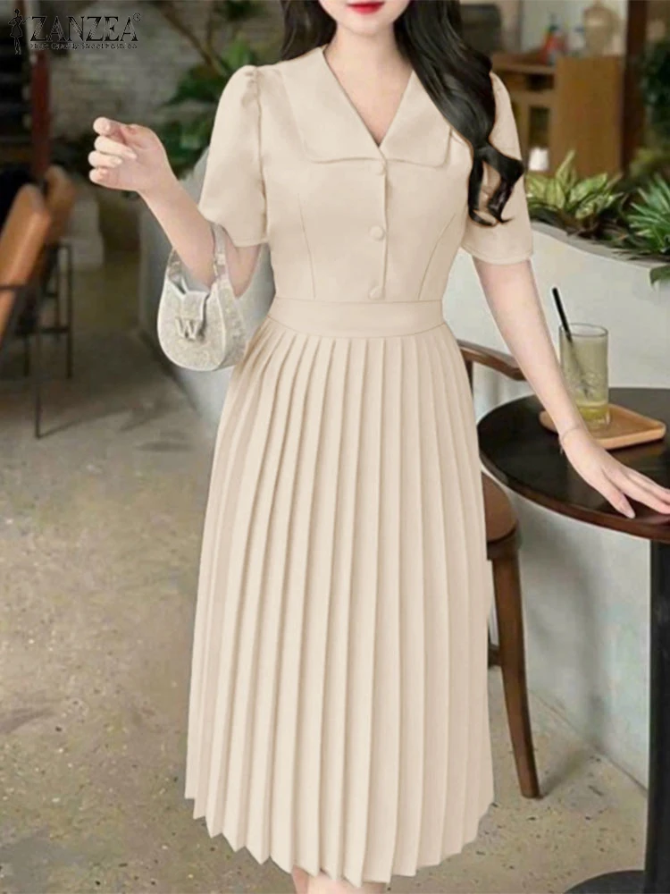 

ZANZEA Elegant A-Line Pleated Dresses Woman Turn-Down Collar Short Sleeve Fitted Waist Midi Robes Femme Office Wear Vestidos