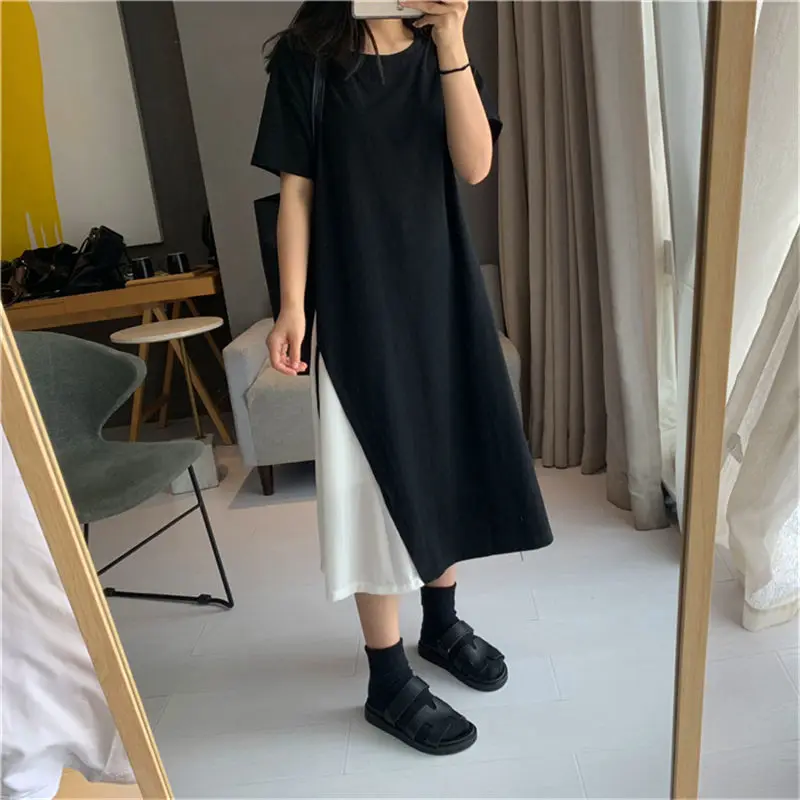 Oversized Summer Fashion Korean Patchwork Loose O-neck Short Sleeve Casual  Female Women Clothing  Irregular Pullover Dresses