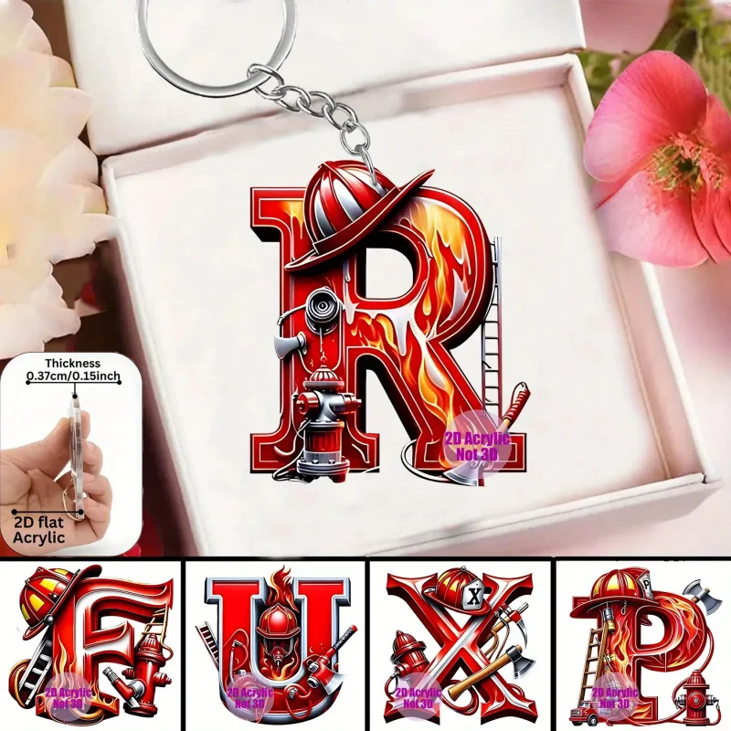2D Flat - Firefighter-Themed Keychain with 26 Letters - Made of Durable Iron And Acrylic, Featuring a Vibrant Fire Truck Design,
