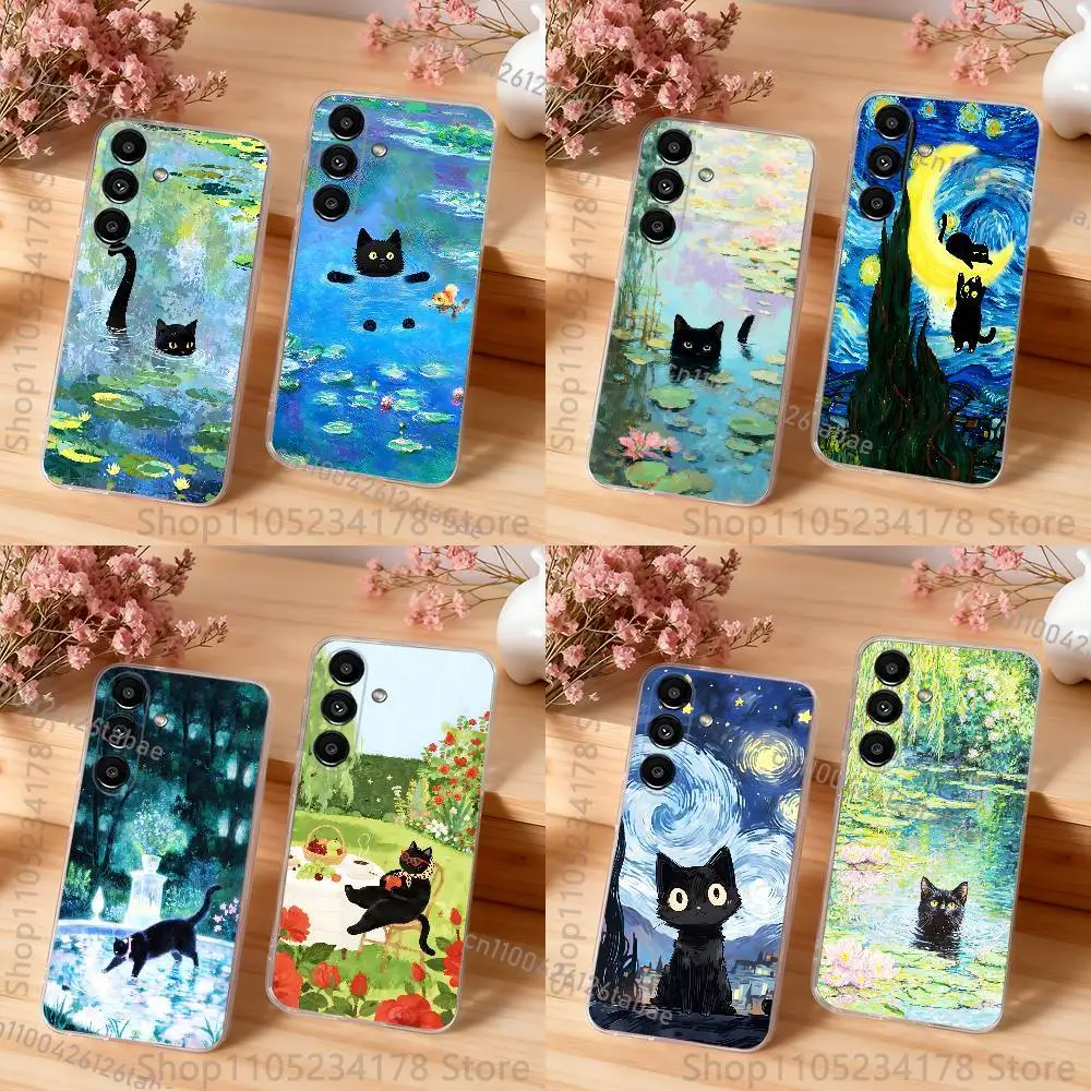 Funny Van Gogh Monet's Black Cat Phone Case For Samsung S30,S25,S24,S23,S21,S22,S20,S10,5G,FE,lite,PIus,Ultra Transparent Cover