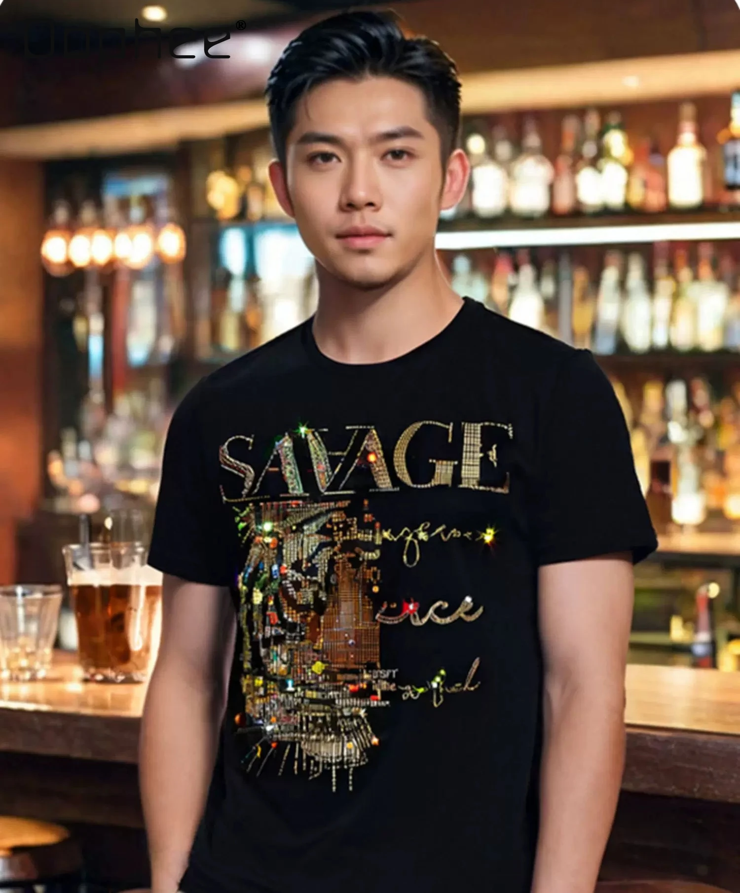 

Men Summer American Street Style Shiny Tiger Head Letter Rhinestone Round Neck Short Sleeve Black White Red Casual T-Shirt