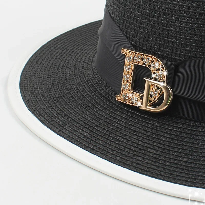 Panama Fashion Ladies Elegant Raffia Straw Hat Rhinestone Letters Vacation Travel High Quality Ladies Summer Topper Banquet Hat