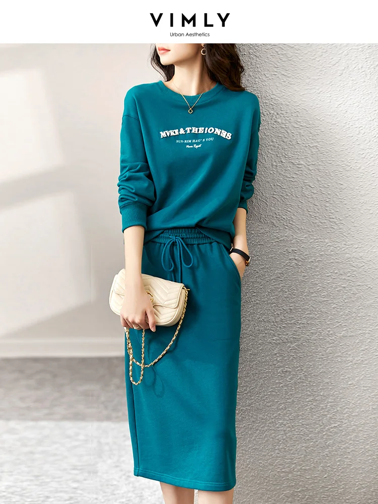 Vimly Peacock Blue Sweatshirt Skirt Two Piece Sets for Women 2023 Autumn Long Sleeve Tops Midi Split Skirt Fall Outfits V3955