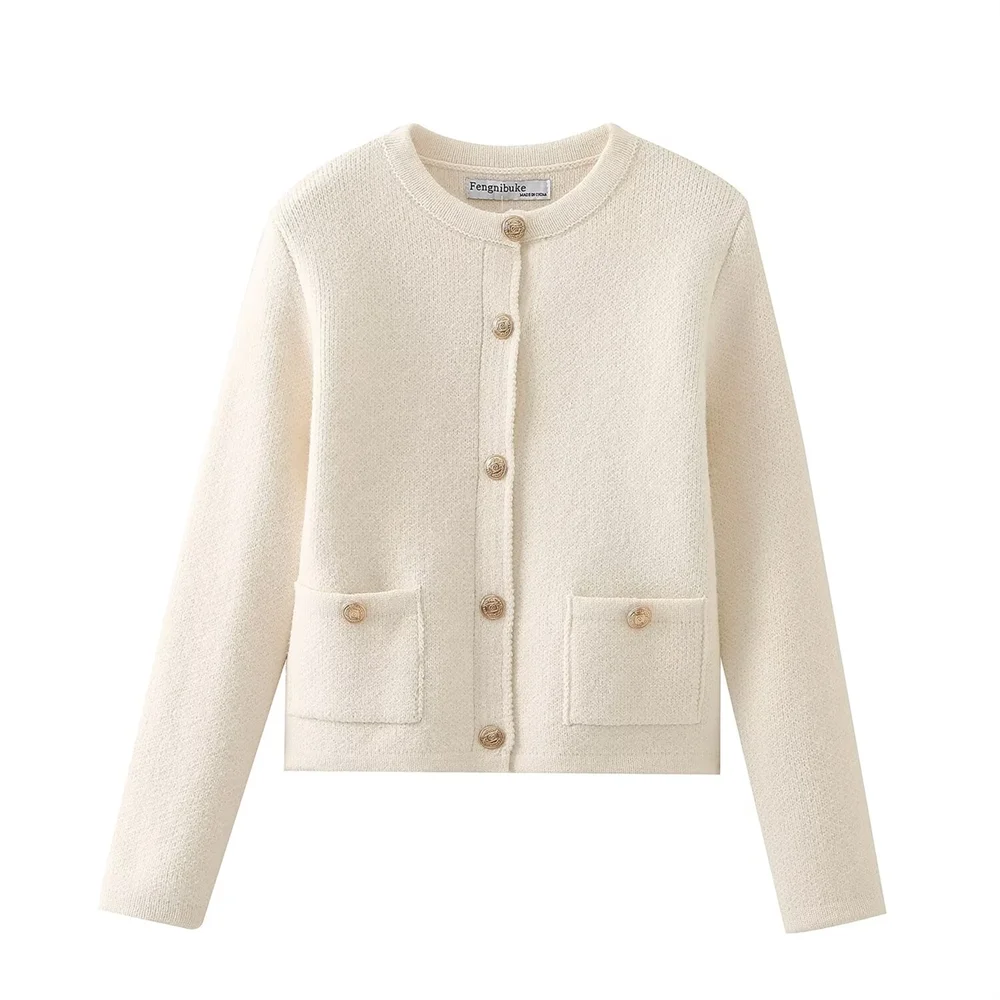 

TRAF Autumn New Product Women's Fashion Double Pocket Decoration Metal Single breasted Short Sleeve Knitted Shirt Coat