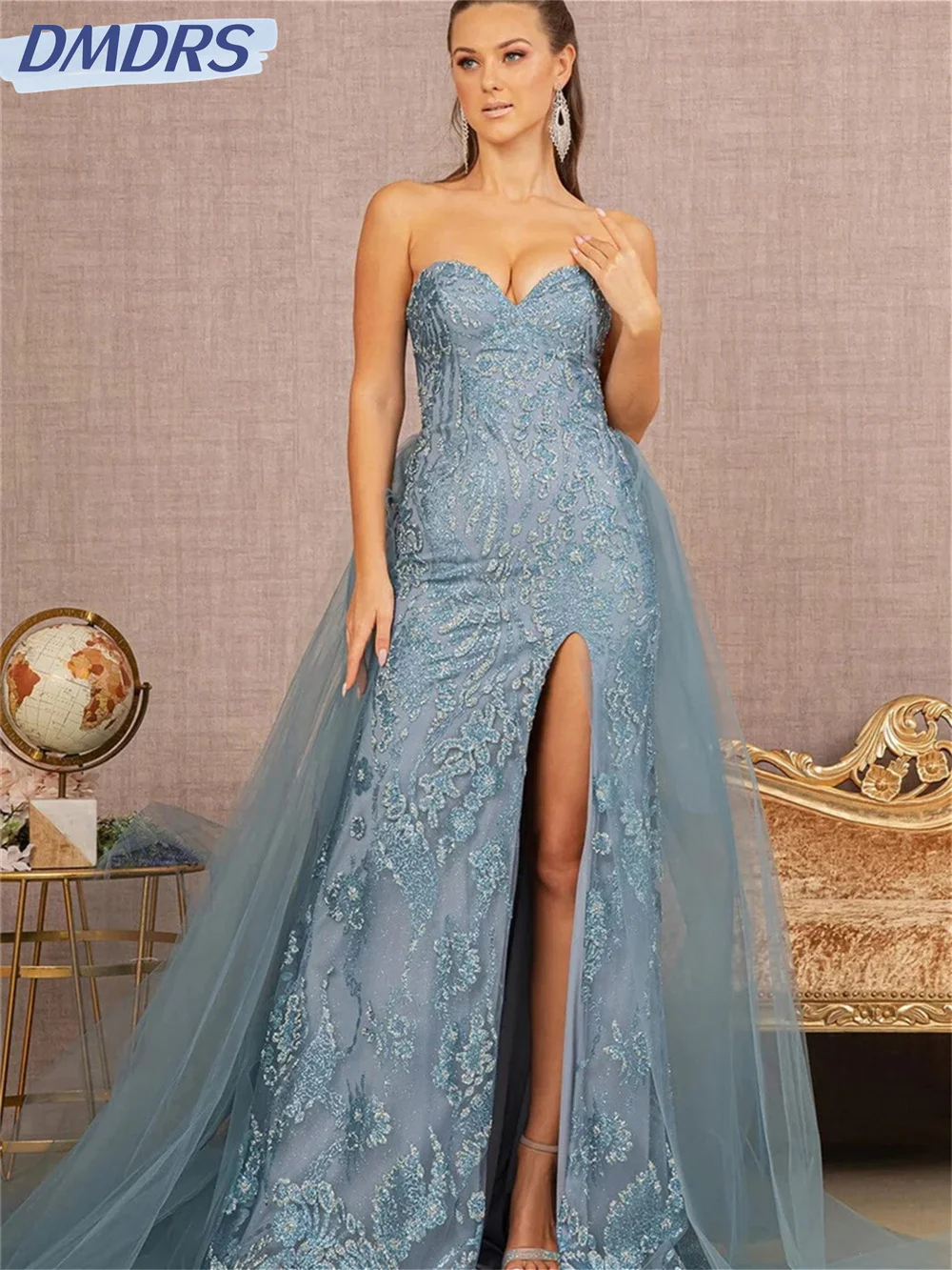 Vestido Fishtail Prom com estampa de renda, Vestido até o chão, Fenda lateral, Vestidos de noite encantadores, Clássico e elegante