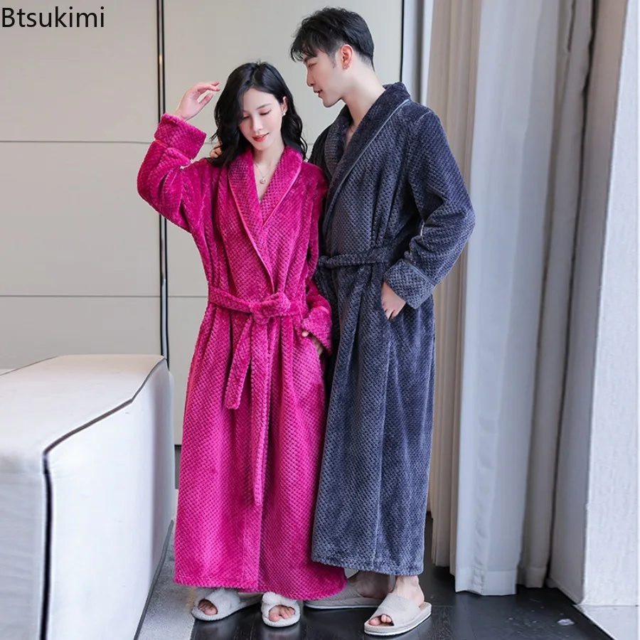 Autumn and Winter Thick Flannel Couple Pajamas Nightgown Bath Robe Kimono Bathrobe Fleece Loungewear Sleepwear Warm Robes Belts
