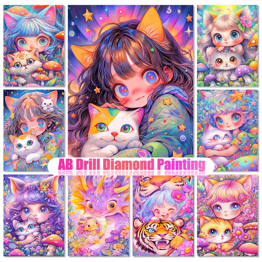 5D DIY Cartoon AB Diamond Painting Cat Girl Full Diamond Mosaic Embroidery Cute Elf Animal Cross Stitch Set Art Home Decoration