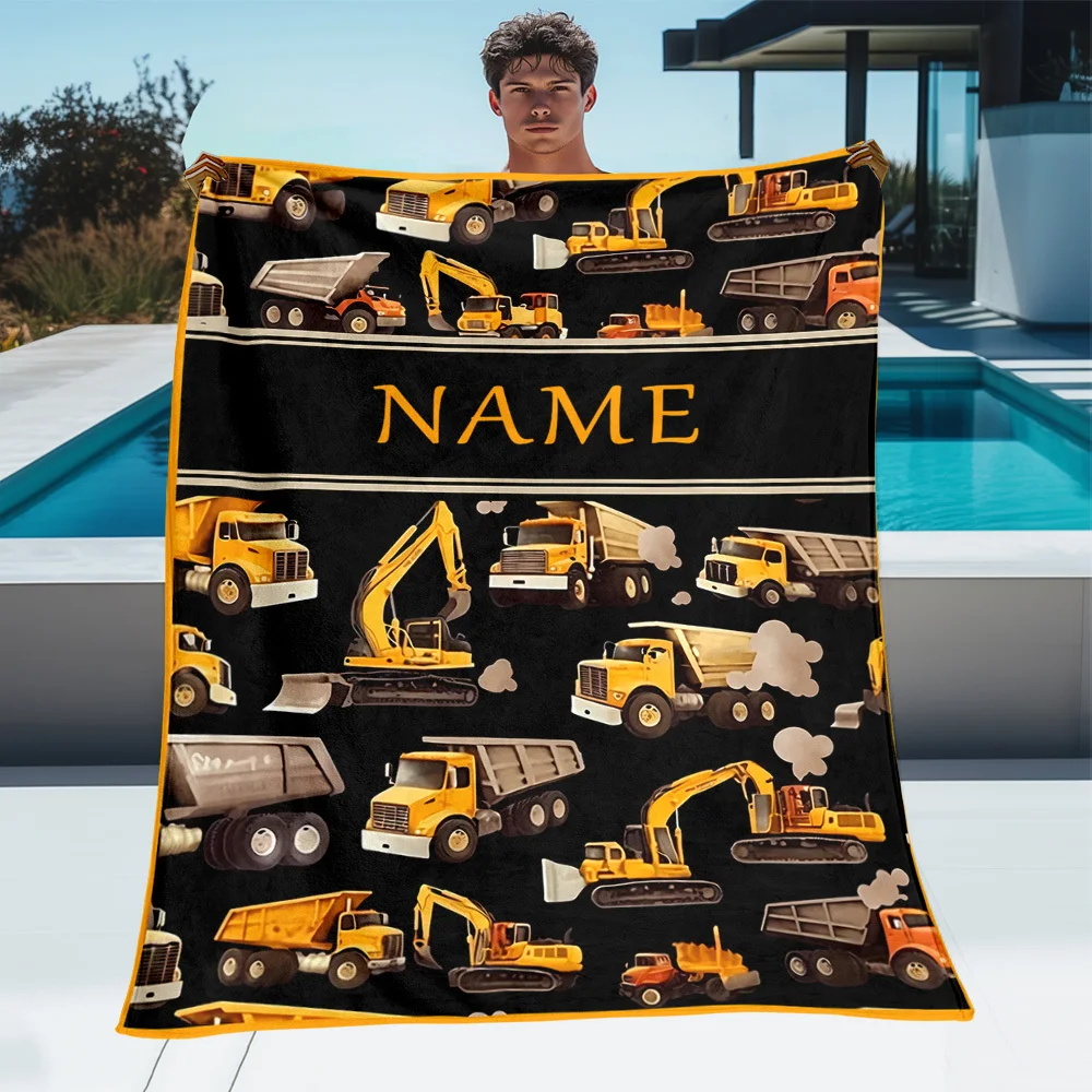Customize This Custom Single-piece Blanket Features a Construction Vehicle Theme, Making It Perfect for Personalized Name Custom