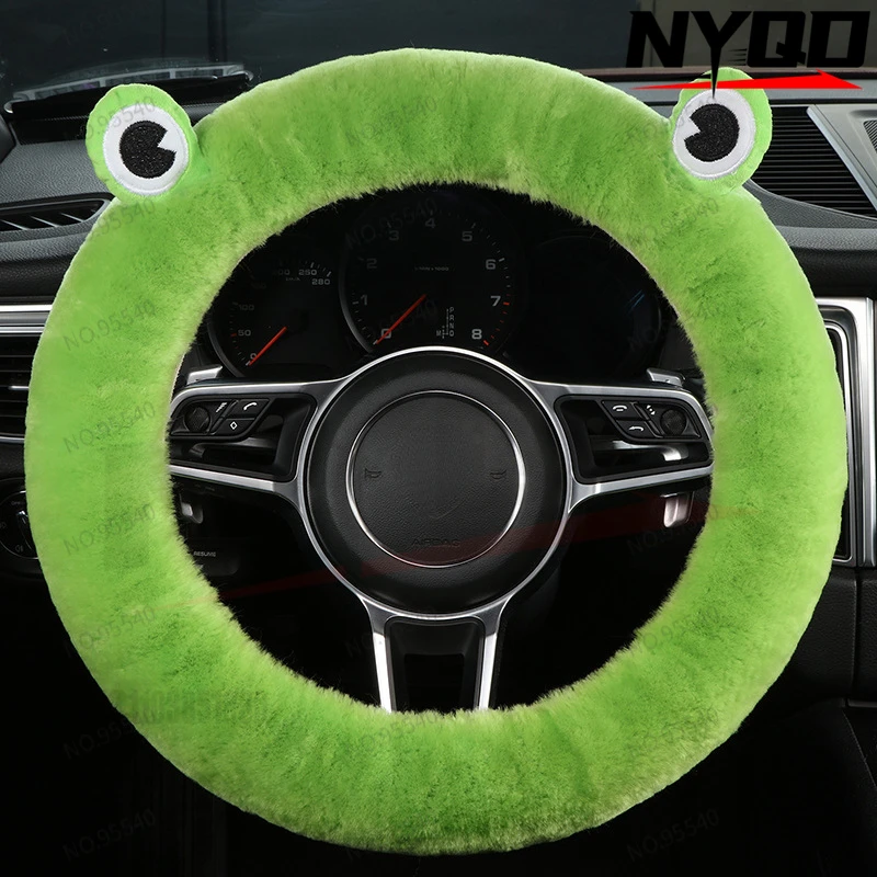 Car wool steering wheel cover, real wool cartoon little frog, winter handlebar cover, fur and fur integrated, short plush TikTok