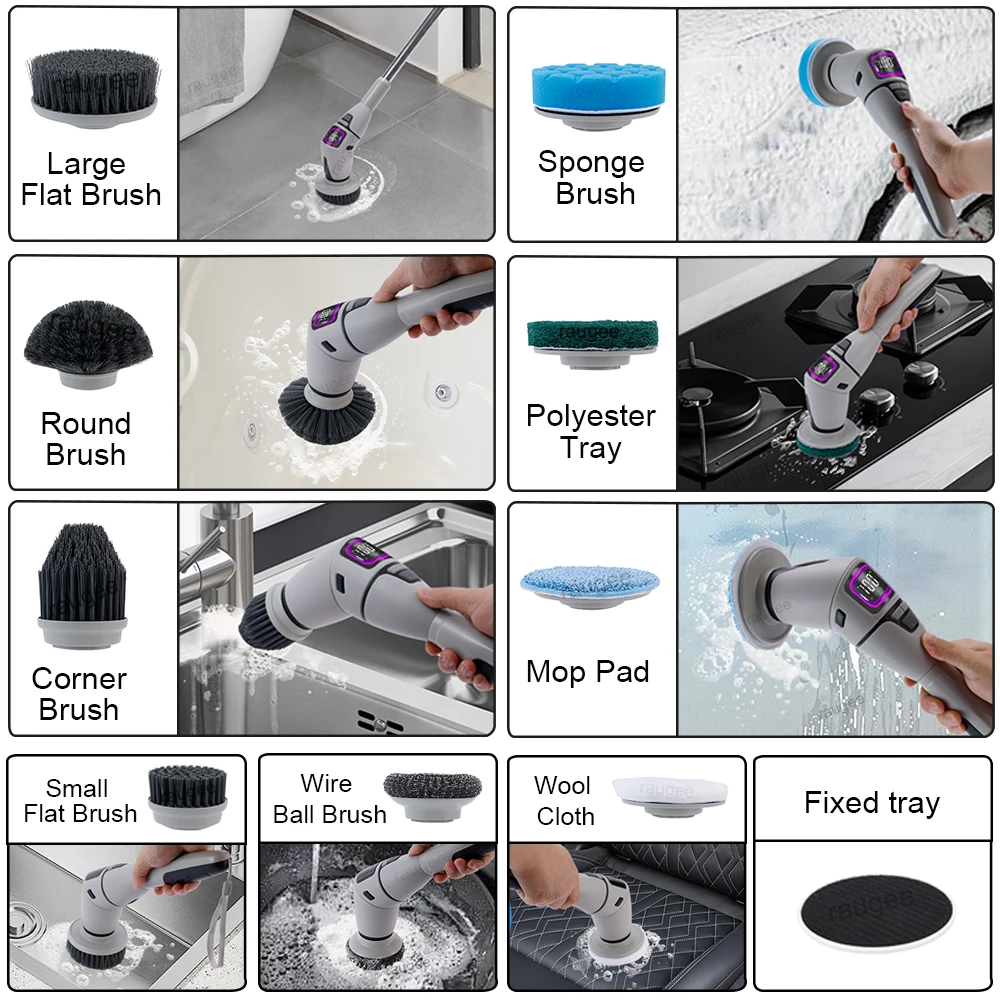 فرشاة تنظيف كهربائية 10 في 1، منظف المطبخ والحمام، منظف لاسلكي متعدد الوظائف، منظف كهربائي دوار نظيف