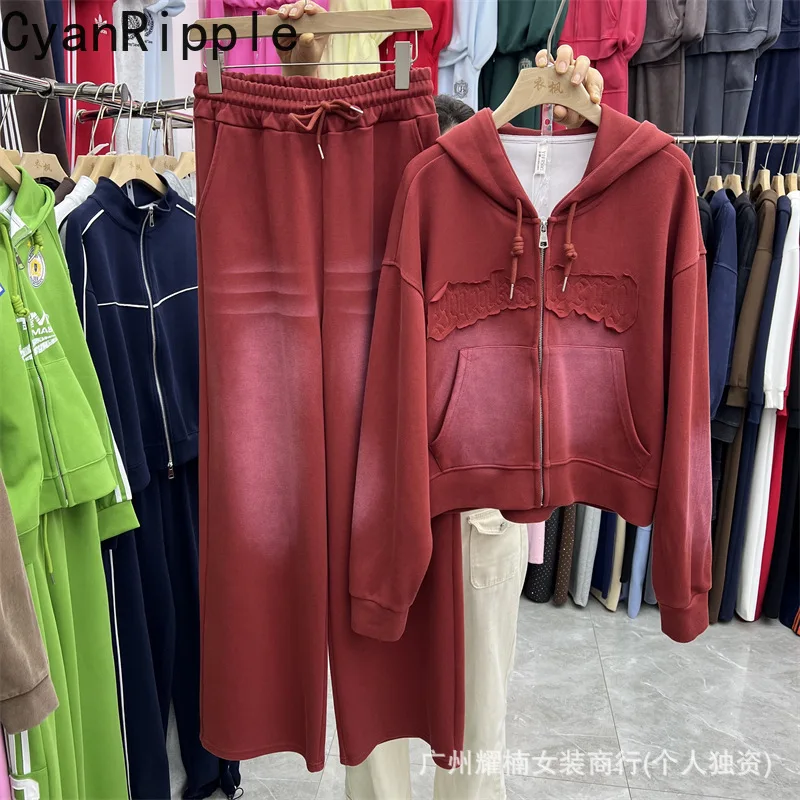 New Spring Autumn Women Two-piece Set Gradient Loose Long Sleeve Hooded Jacket Coat + Elastic Waist Casual Wide Leg Long  Pants