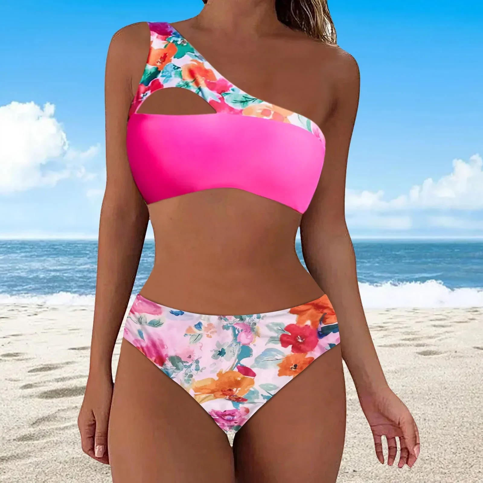 Женские комплекты бикини, двусторонний топ с вырезом на одно плечо и средней талией, женские шорты из двух предметов, купальник с лямкой на шее, купальник из двух предметов