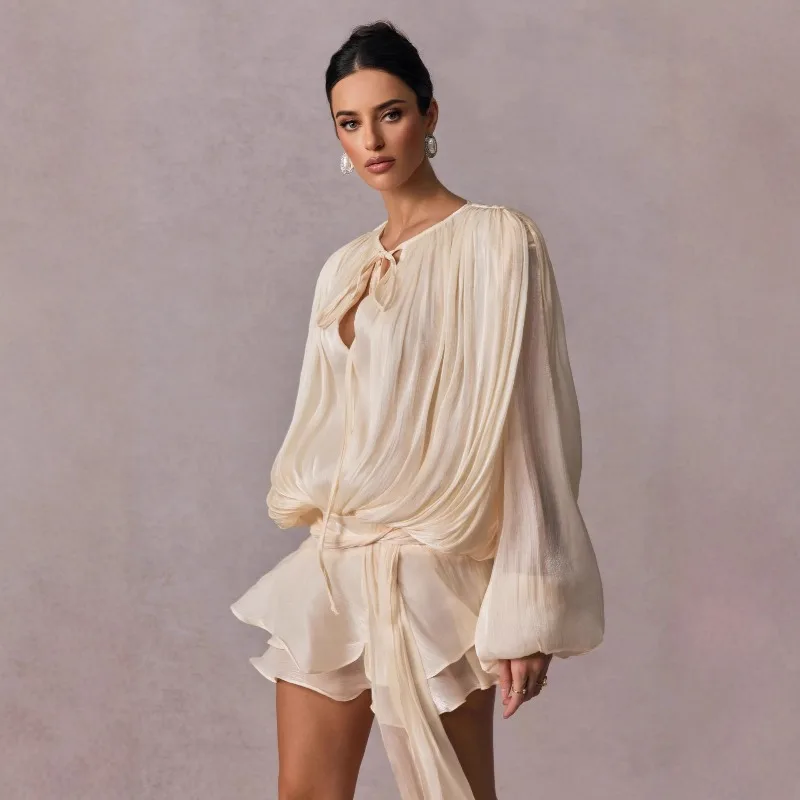 بلوزة صلبة فساتين صغيرة للنساء رقبة على شكل V وأكمام طويلة وأربطة فستان بنمط جميل ملابس نسائية عصرية #4