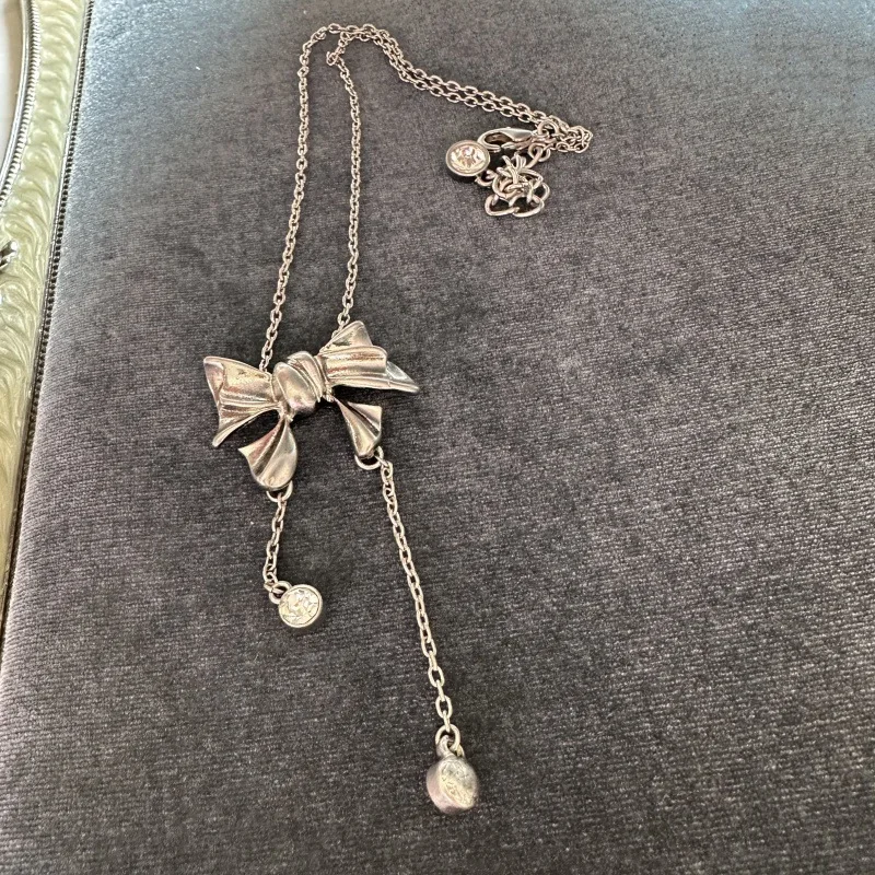 OS Minimalist Elegant Bow Pendant Necklace for Women, Dainty Tassel CZ Choker Chain, Versatile Layering Jewelry for Daily Wear