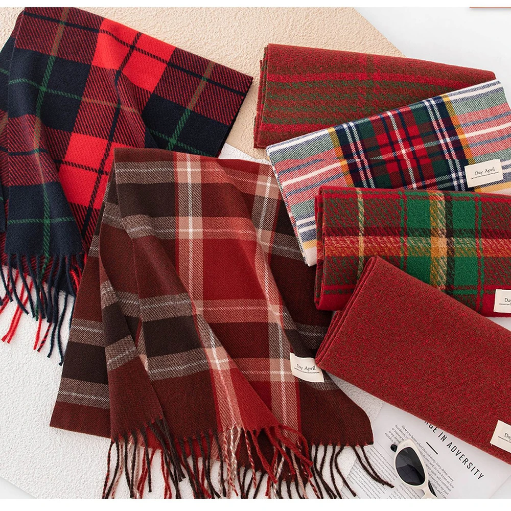 Merry Christmas Red Plaid Scarf Women Winter All-Match Imitation Cashmere Necker Thermal Shawl Scarves Warp Knit Scarves Gifts