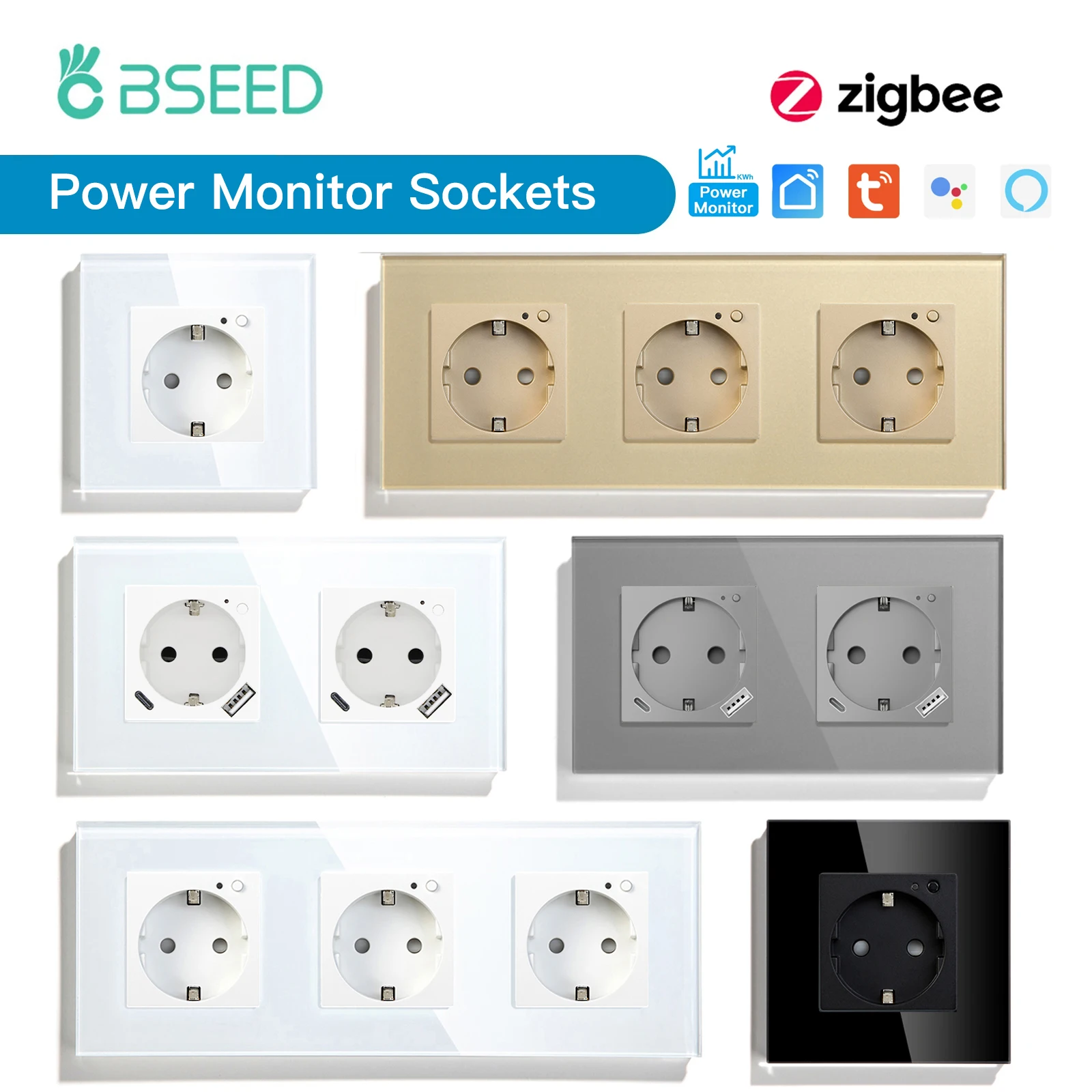 BSEED Single ZigBee Energy Monitor Wall Sockets Double Smart Meter Sockets Google Smart Life App Control Alexa Triple Sockets EU