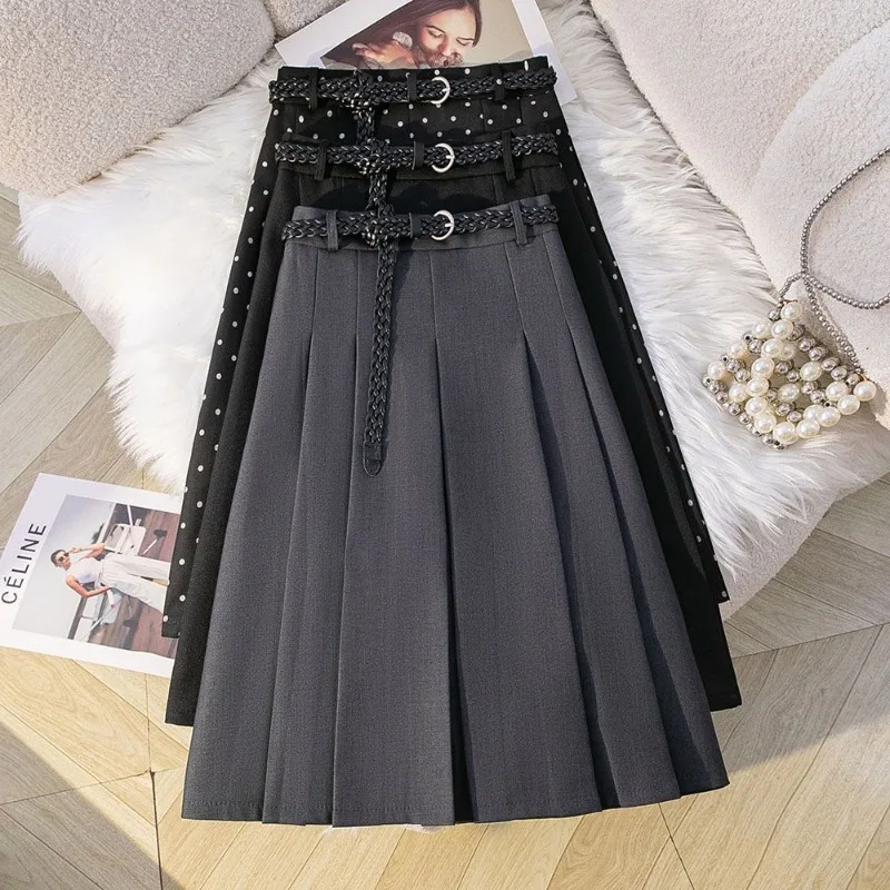 2026 New Spring Summer Women's Pleated Skirts Lined High Waist Slim Sashes Simple Temperament Preppy Style Suit A-line Skirt
