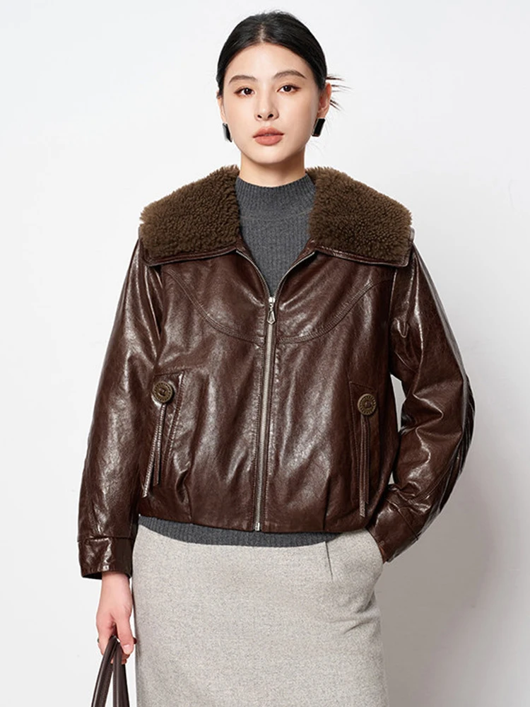 

Short Winter Genuine Leather Goose Down Jackets for Women 2026 High-end Simple Natural Lamb Fur Collar Real Sheepskin Down Coat