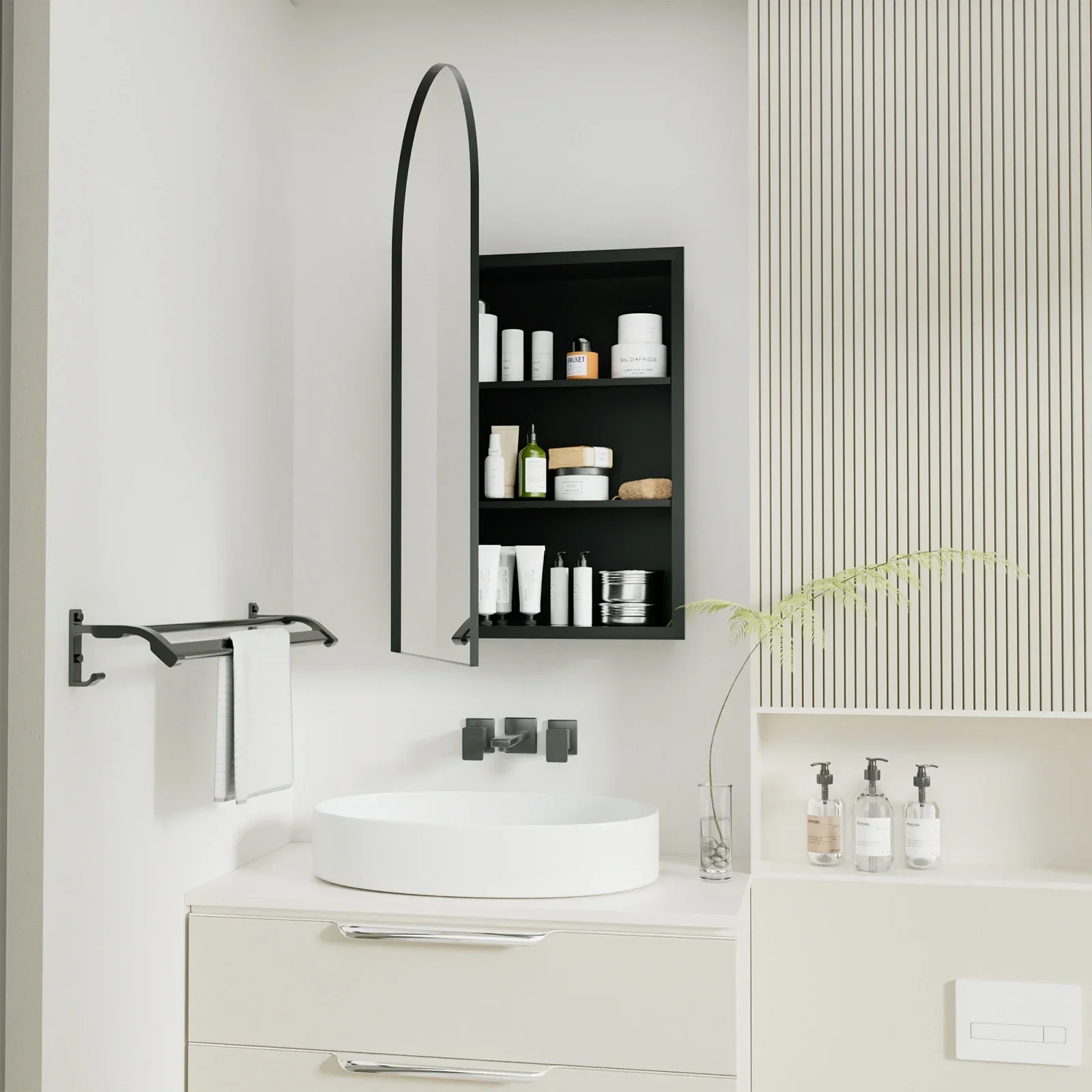 خزانة مرآة حمام مقوسة، قوس منحني، خزانة حمام مثبتة على الحائط، خزانة تخزين جاهزة مجمعة مع رف قابل للتعديل