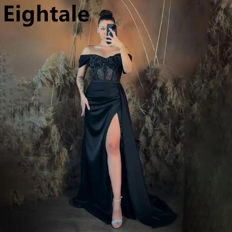 

Eightale Black Mermaid Evening Dress Off Shoulder Slit Satin Beading Dress Arabic Formal Prom Party Gown Celebrity Dress