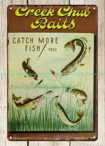 Creek Chub 1953 catalog cover art fishing lures metal tin sign bar pub signs