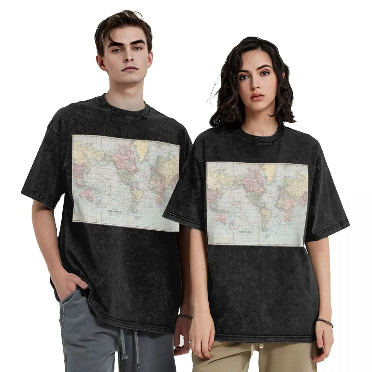 

Vintage World Map 1901 Hip Hop Short Sleeve T-Shirts Washed Tops Tees Streetwear T Shirt Printed for Men Women