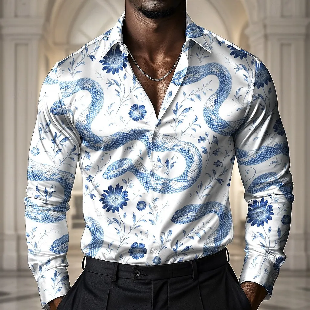 Men's Animal Snake Flowers Casual Shirt Long Sleeve Vintage Retro Vacation Daily Wear Fall Turndown 3D Print Button Up Shirts