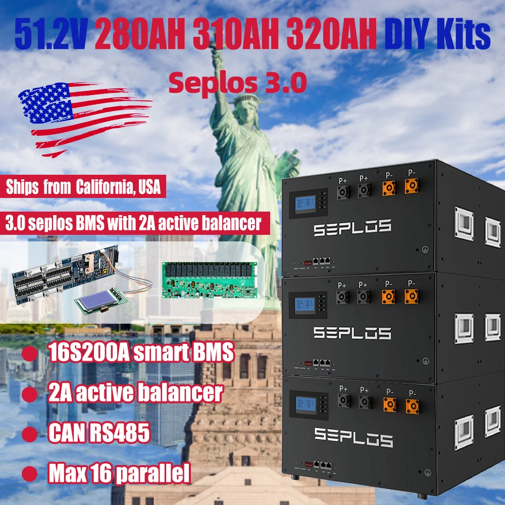 US Stock 3.0 Seplos 51.2V 280AH 310AH 320AH Lifepo4 Stacked Battery Kits CAN RS485 BMS 2A Active Balancer DIY Case Home Solar