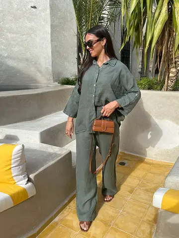Cotton Linen Oversize Two Piece Ladies Set Casual Lapel Female Shirt Suits Wide Leg Pant Spring New In Matching Women Outfits