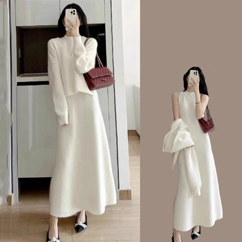 

Женский весенне-осенний свитер с v-образным вырезом, платье без рукавов, комплект из двух предметов, женский изящный однотонный вязаный пуловер, топы, платья-майки, наряды