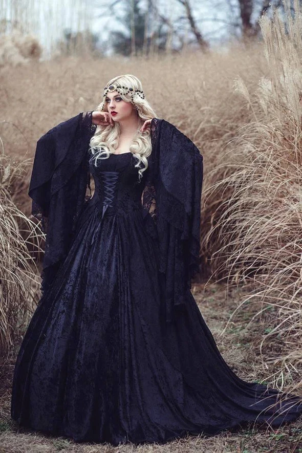 Vestidos De Casamento Gothic A-Line, Scoop Sweep Train Lace, Vestido De Noiva Vintage, Preto