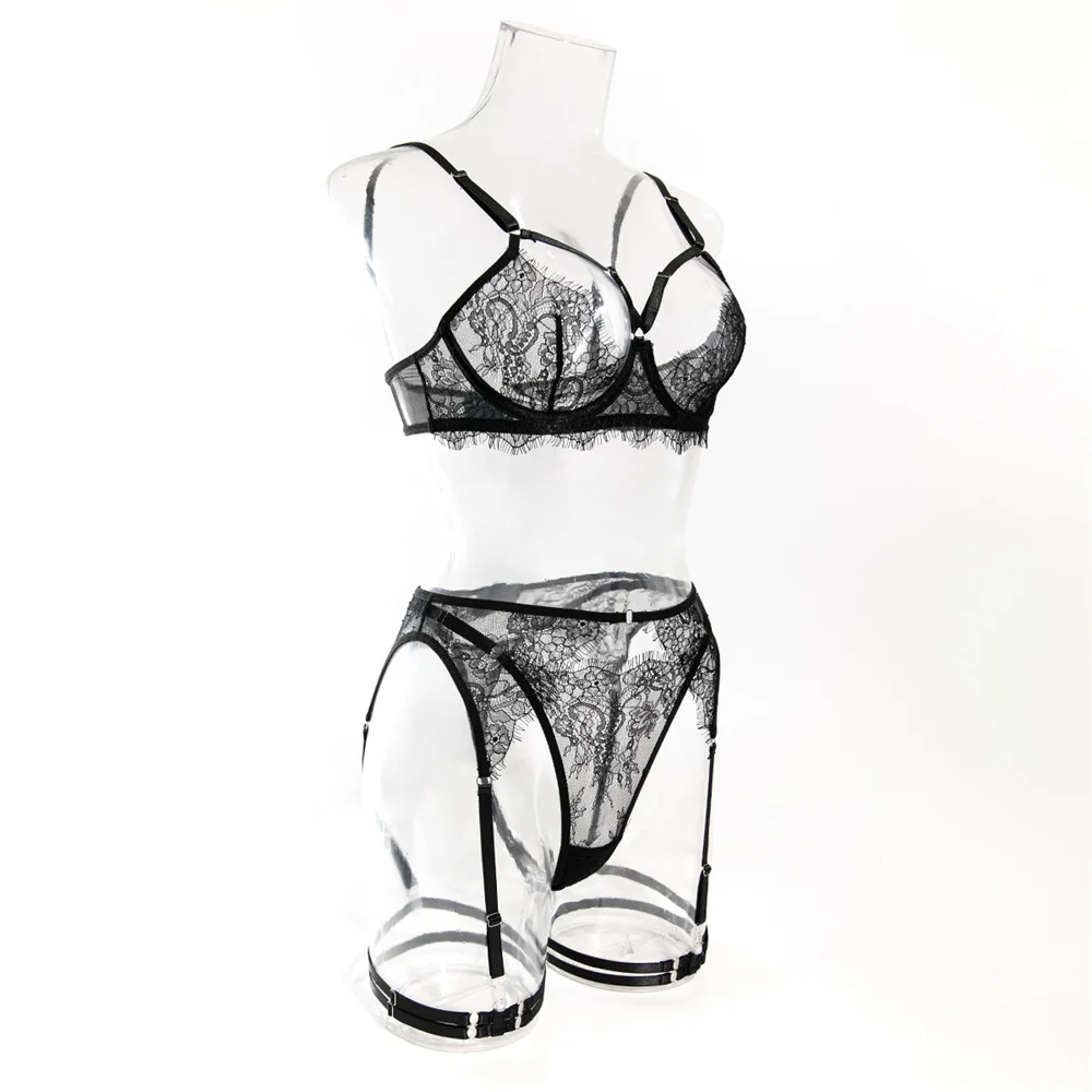 Krasapt-Lencería Sexy de encaje negro con perspectiva, conjuntos de 4 Uds., sujetadores y pantiers calados románticos, trajes de liga, conjunto delicado de Bilizna