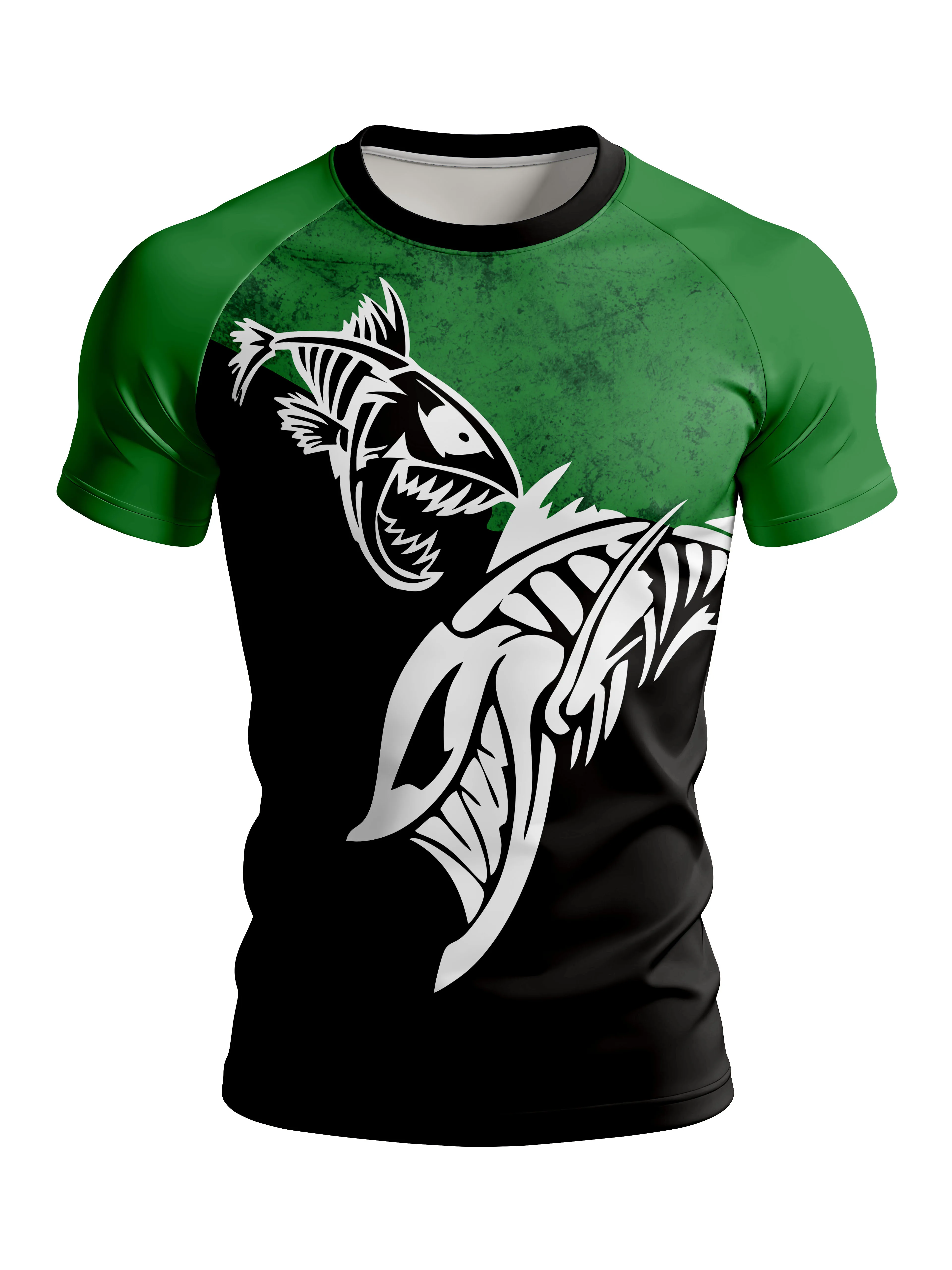 Men Sports Quick Dry Tee Green Black Skeleton Fish Raglan Short Sleeve Outdoor Fishing Training Top