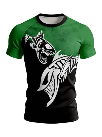Men Sports Quick Dry Tee Green Black Skeleton Fish Raglan Short Sleeve Outdoor Fishing Training Top