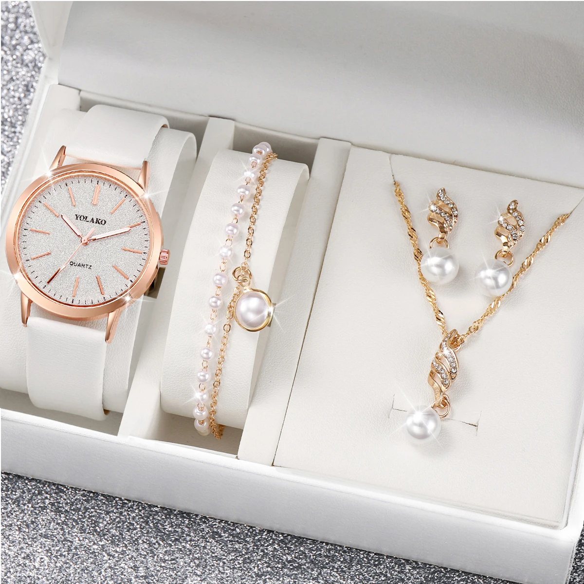 4PCS/Set Fashion Starry Sky Dial Women Watches Casual Leather Band Quartz Wrist Watch Pearls Jewelry Set（Without Box）