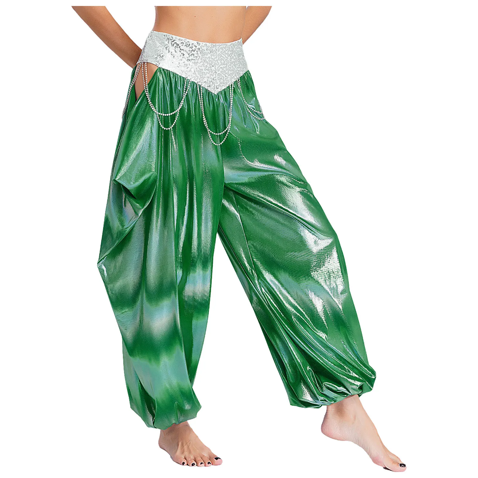 여성 밸리 댄스 바지 인도 Bellywood 오리엔탈 이집트 Bellywood 의상 체인 메탈릭 루즈 팬츠 스파클링 스팽글 바지