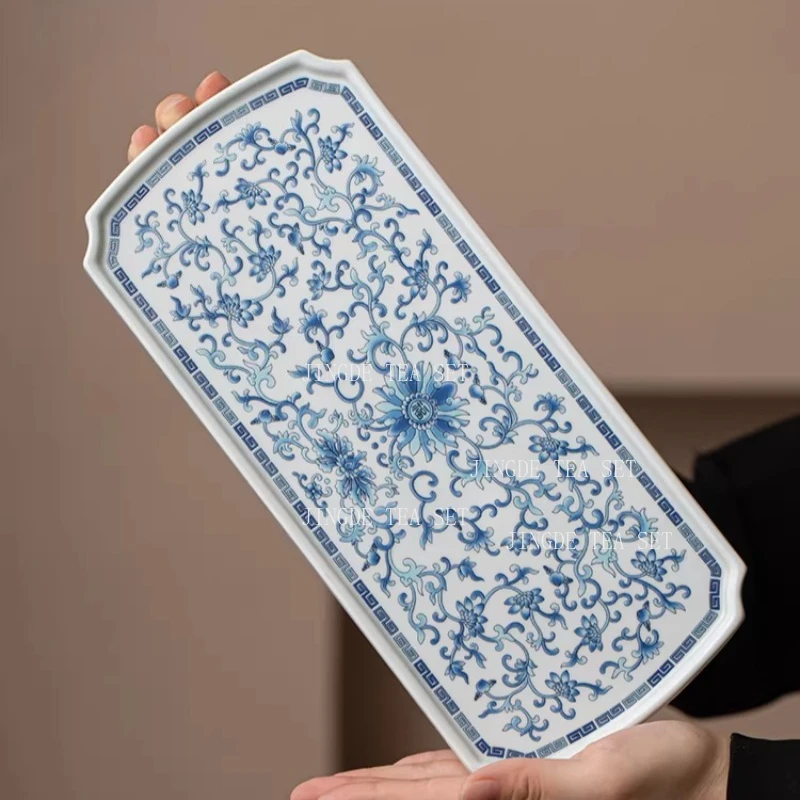 Blue and White Ceramic Tea Tray Household Small Chinese Rectangular Tea Set Tray Heat Insulation Pad Tea Set Accessories