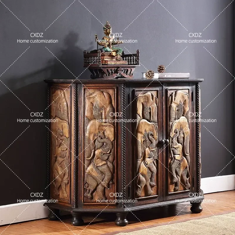 Elephant Relief Solid Wood Cabinet Entrance Storage Furniture Decorative Console Table for Living Room Hallway Home