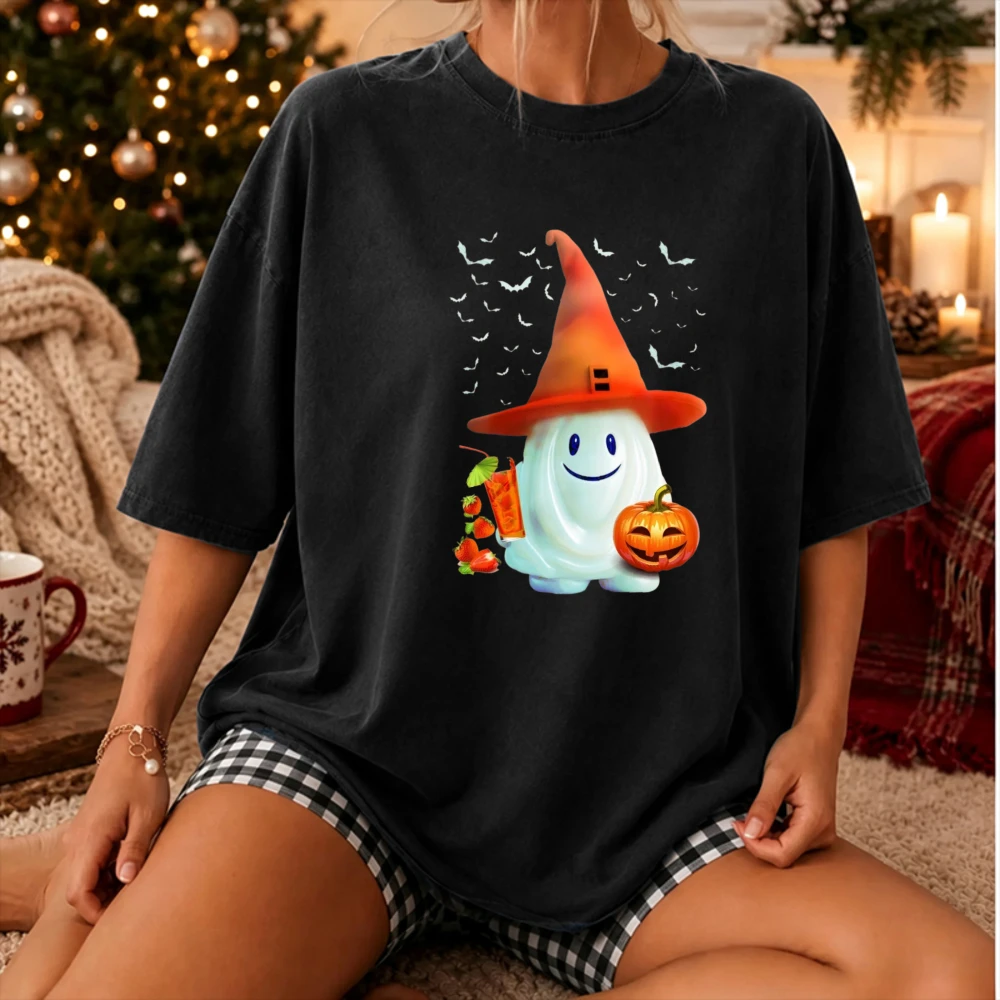 Halloween Cute Ghost Witch Hat Graphic T‑Shirt Ghost Holding Cocktail Drink Pumpkin Bat Background Funny Spooky Casual Tops Tees