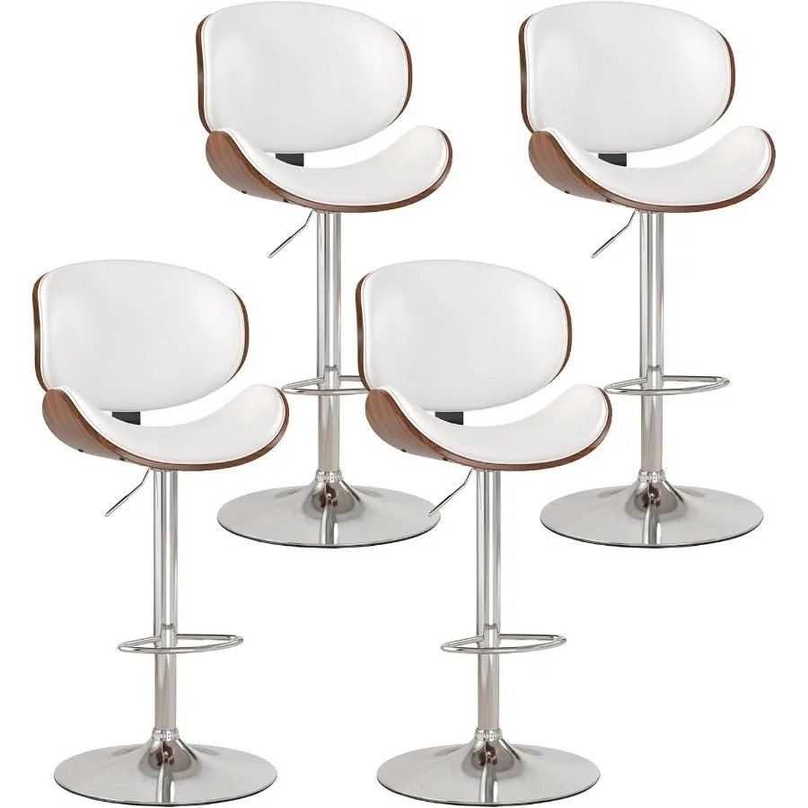 Kitchen bar stools: swivel bentwood design, white PU leather, set of 4 for modern dining and counter use