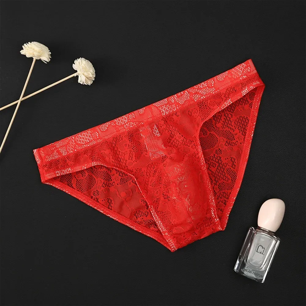 

Trendy Lace Transparent Underpants for Men Ice Silk Low Waist Breathable Shorts White/Black/Red/Skin Tone/Pink
